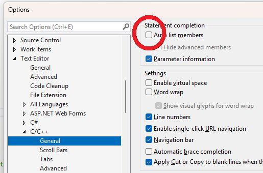 VisualStudio options box, showing that Options/Text Editor/CC++/General/Auto list members is OFF.