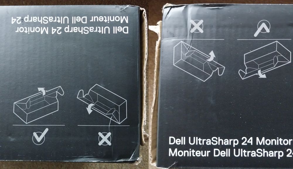 The two diagrams are the same but rotated, but one is correct and the other wrong, but in the opposite sense to the actual text printed on the box. You have to read the instructions upside down for them to make sense. Which is ironic because the instructions are specifically telling you not to open the box the wrong way up.