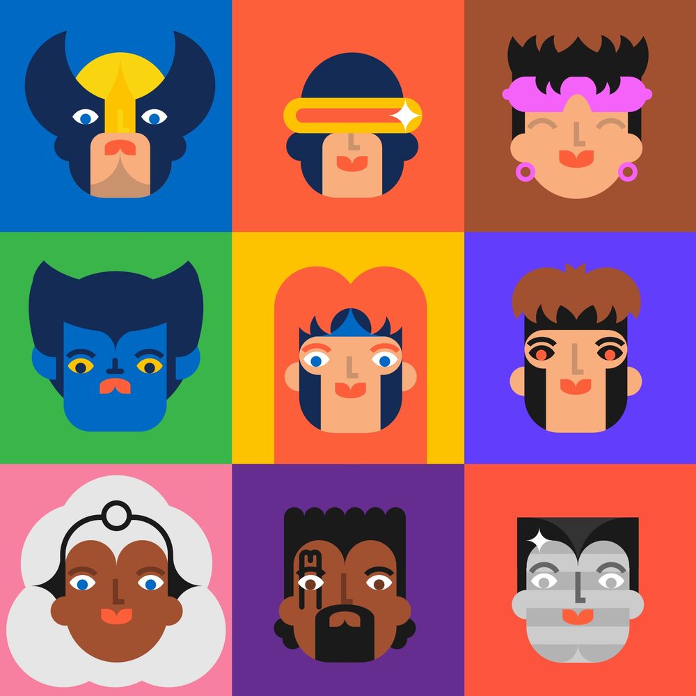 Colorful vector artwork featuring stylized portraits of nine X-Men characters arranged in a 3x3 grid. From top left to bottom right: Wolverine with his iconic mask and yellow and blue color scheme; Cyclops wearing his visor with a beam accent; Jubilee smiling with her pink sunglasses and earrings; Beast in blue fur with a serious expression; Jean Grey with red hair and a calm smile; Gambit with brown hair and glowing red eyes; Storm with white hair and a serene look, framed by a pink background; Bishop with a stoic expression and a tech detail on his face; and Colossus with metallic features and a reflective shine.