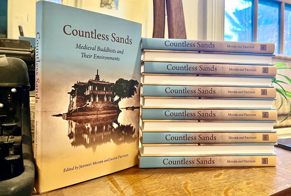 Eleven copies of our book “Countless Sands” are stacked one atop the other, with every other spine showing the title. One copy at left is facing out, to show the books cover. 