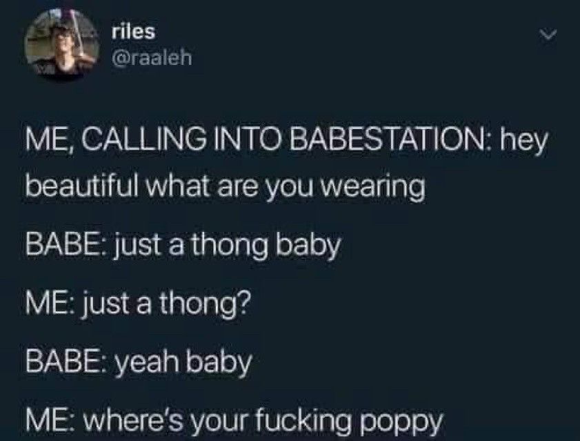 @raaleh.bsky.social (but on twitter) posted
ME, CALLING INTO BABESTATION: hey beautiful what are you wearing
BABE: just a thong baby
ME: just a thong?
BABE: yeah baby
ME: where's your fucking poppy