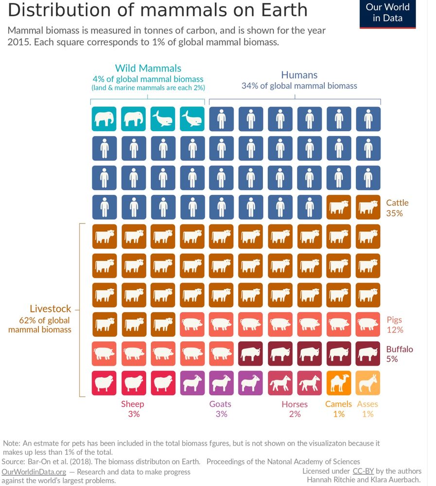 Our World in Data table illustrating the proportion of wild mammals to humans and "livestock" (other animals we choose to keep in unspeakable conditions, then slaughter and eat)