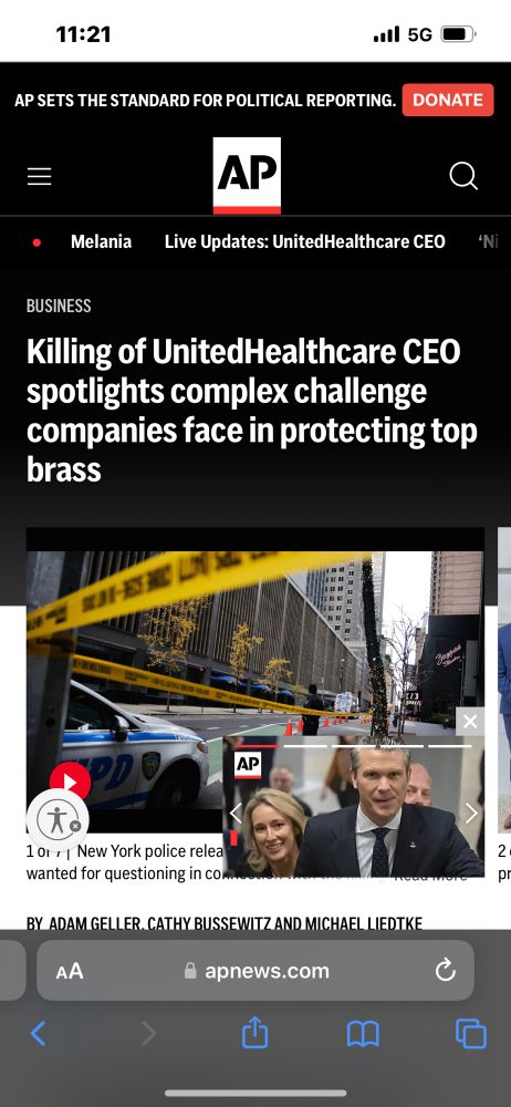 screenshot of an article titled: “Killing of UnitedHealthcare CEO spotlights complex challenge companies face in protecting top brass”