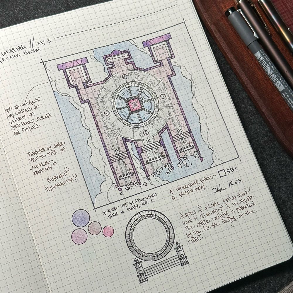A hand drawn map of a floating arcane building featuring purplish walls, straight corridors that lead to teleportation circles and a central pyramidal artifact. 