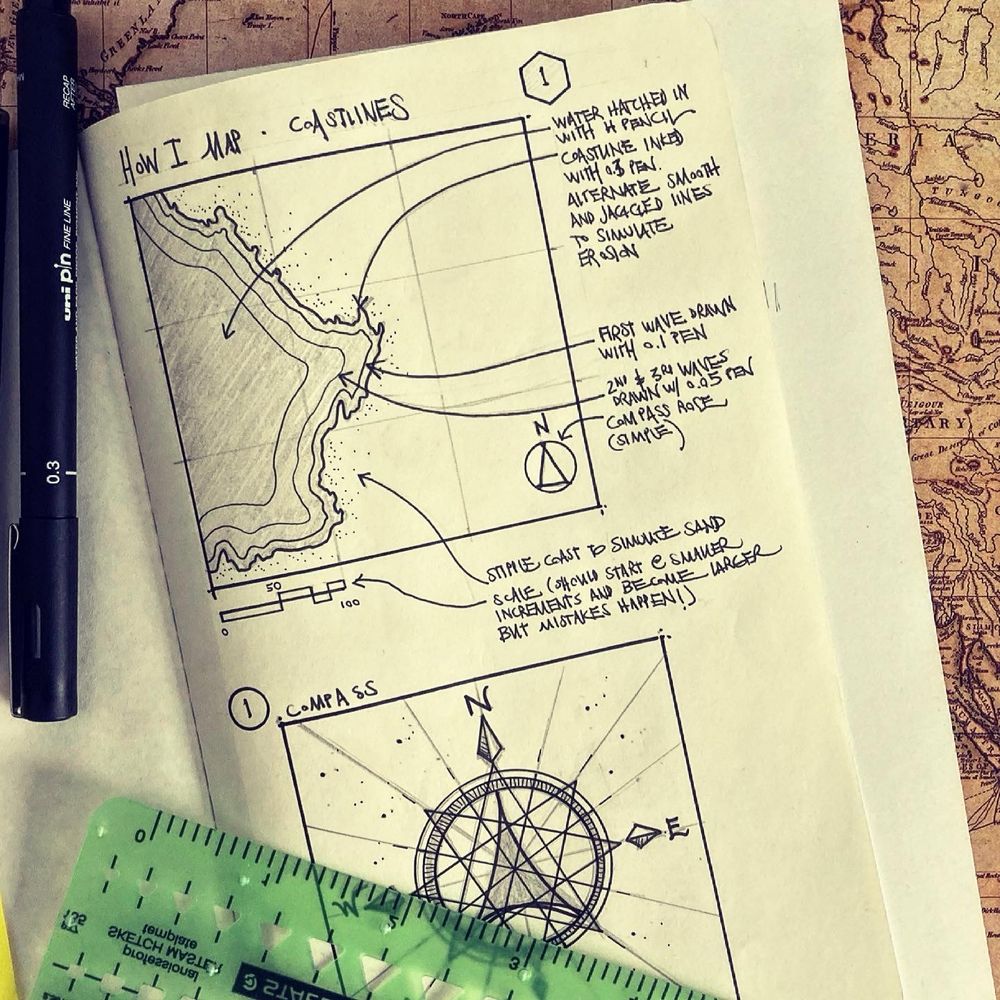 A mapping diagram showing how I draw coastlines for world maps, and how to draw a stylized compass. Pencil and ink in my Moleskine sketchbook.