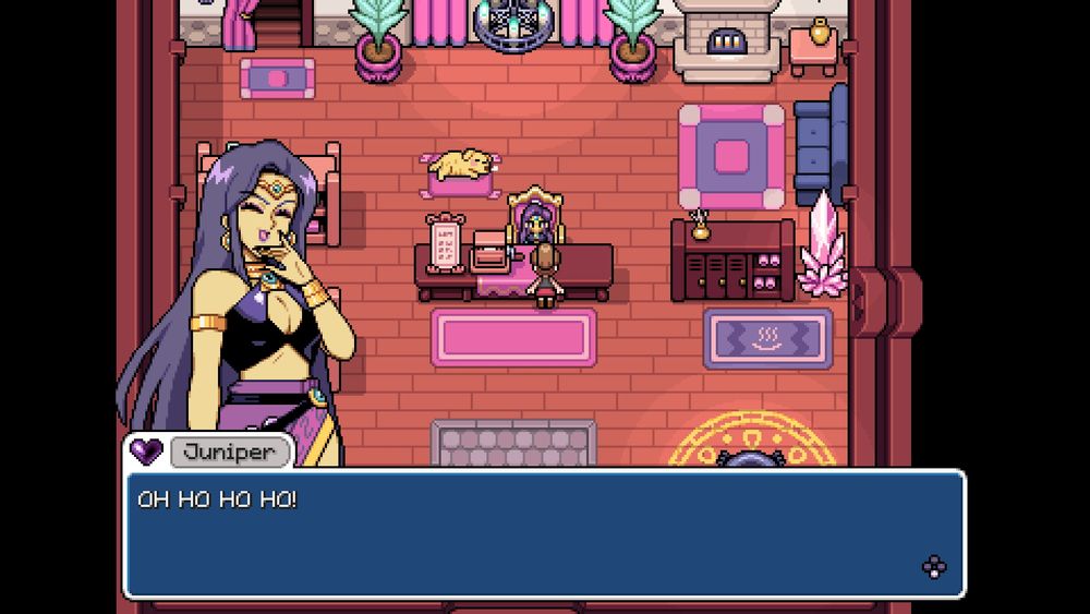 Juniper from Fields of Mistria doing the "OH HO HO HO!" laugh