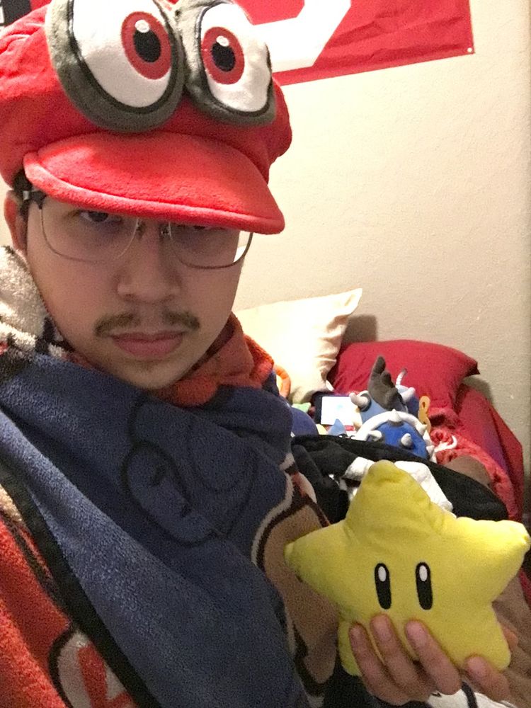 A nice selfie of me and my Super Star plushy and a Cappy plushy.
