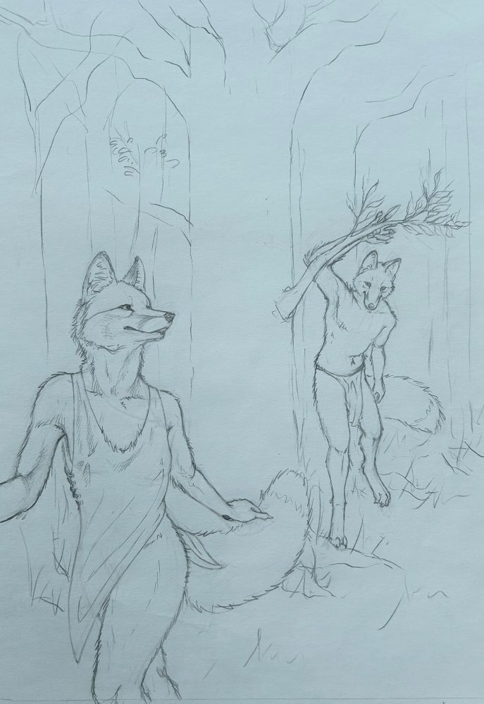 A male anthro red fox playfully chasing a vixen through a forest 