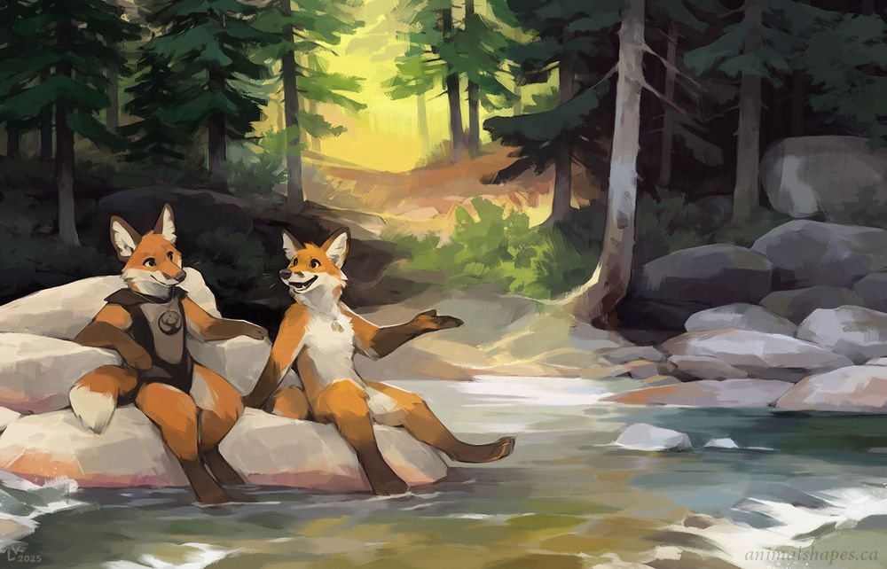 various sizes at the shore of the stream. Val and Shadow have been frolicking around for a while - playfighting, chasing each other, splashing each other with water - and have finally sat down to catch their breath. Now they are engaged in a relaxed, happy conversation, enjoying each others' company (and the beautiful scenery).
Overall mood: peaceful, friendly, relaxed, happy, wholesome.