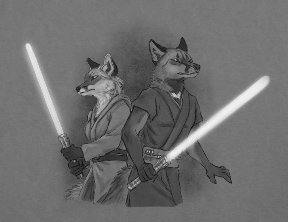 Nyree (red vixen) and Veylan (male cross fox) in Jedi-style clothing with lightsabers, bracing for an attack.