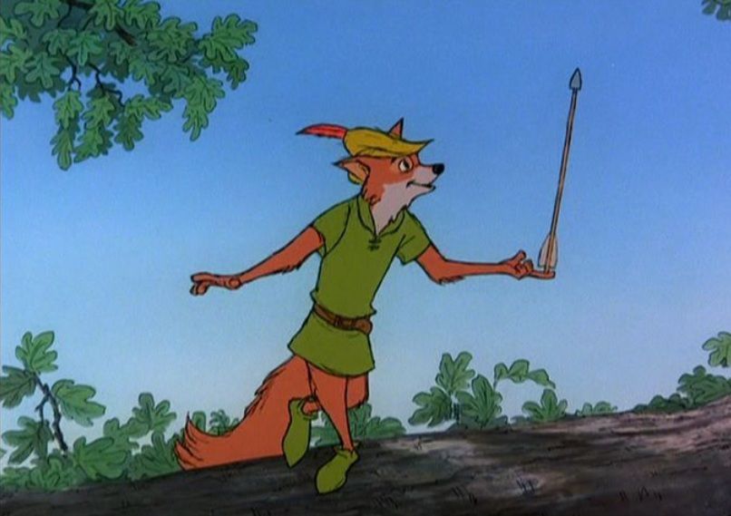 Movie scene from Disney's Robin Hood showing Robin Hood balancing an arrow on the tip of his finger.
