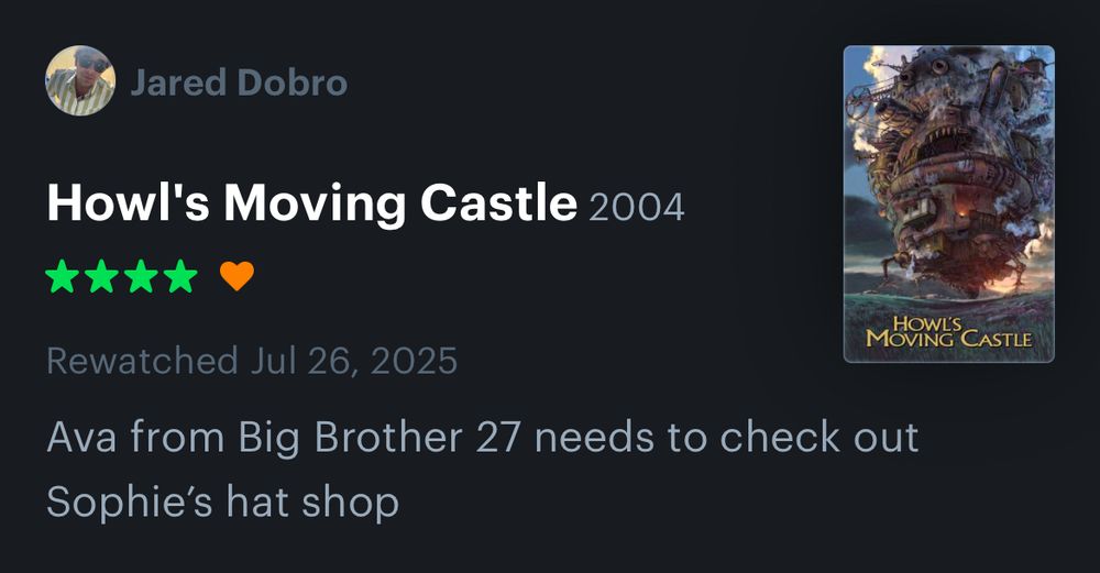 My 4star letterboxd review saying that Ava from Big Brother 27 needs to check out Howls moving castle’s Sophie’s shop
