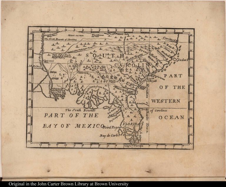 A sepia-tone 1733 map of the places that became the southeastern United States, before the United States existed and when Spain claimed more territory than England. The sea below the Florida panhandle is labelled “part of the bay of Mexico.” The land to the north is falsely described as having no inhabitants.