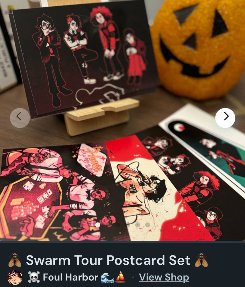a screenshot of the users Ko Fi listing for the previously mentioned mcr postcard prints. It's a set of four brightly colored and cartoonishly stylized illustrations, a mix of depicting 2022 swarm tour looks and classic mcr looks. one set is shrink wrapped, sitting on a display standee and one is unwrapped spread out in front. also there's a cute pumpkin halloween decoration in the background. we love our emo bands here, sir. 
