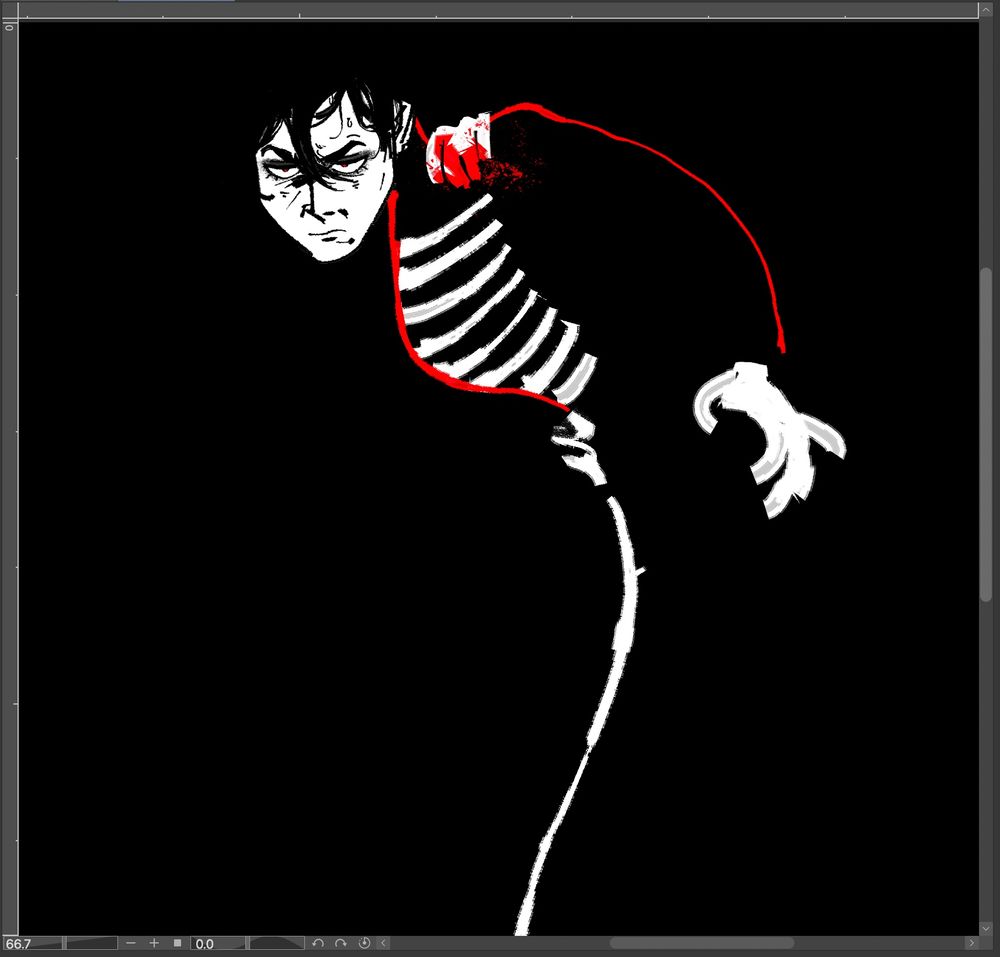 A digital illustration of Gerard Way of the band My Chemical Romance. He’s drawn his band leader outfit from the recent MCR Seattle show. 

The lines barely imply the form on a solid black canvas, curving line of the white pin-striping on the pants and red detailing on the jacket stand out starkly. Gerards sweaty face is angled downward, in an irritated assessment of his place in the Black Parade “dictatorship” as bloody hands help him back into his jacket. We are playing with deeply unsubtle theming, kicking our feet and playing mx. way’s decaying empire ARG. 