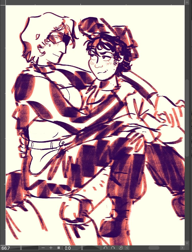 a scribbly digital illustration of Char Aznable and Amuro Ray from Mobile Suit Gundam. They’re rendered in their Zeta era looks, and both as butch lesbians. Char sits on Amuro's lap, one arm around his shoulders- looking a little nervous about meeting Amuro’s focused gaze. Amuro is dressed in mechanics coveralls, with knee pads and a ball cap- while Char is dressed in a non practical leather motorcyle racing outfit that manages to show tits, midriff and hips. 