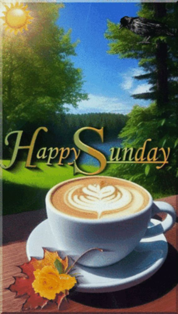 a cup of coffee on a saucer with the words happy sunday