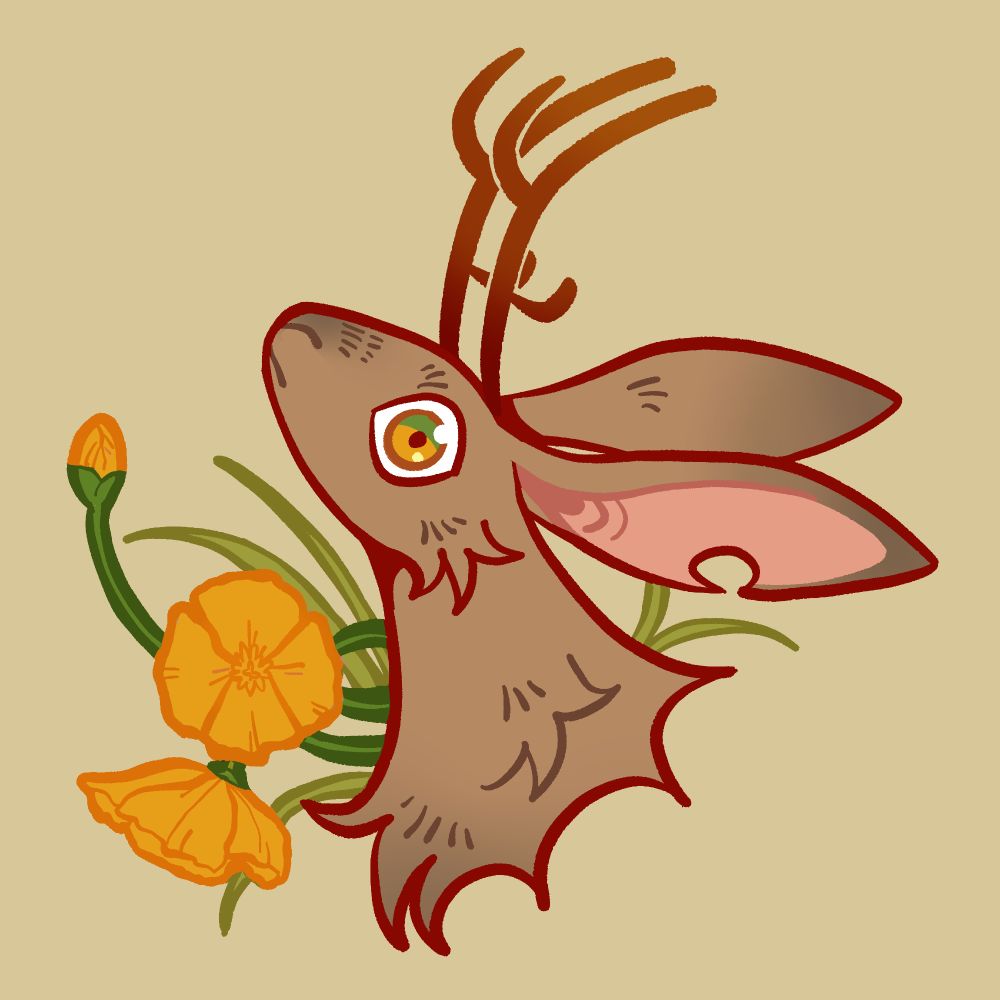A bust of a brown jackalope with California poppies and grass stems around it.