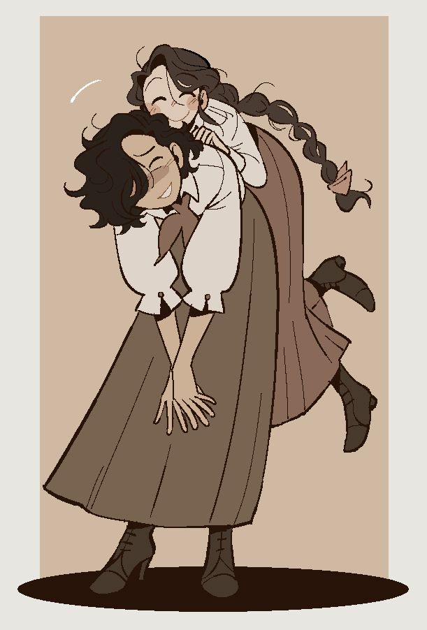 A girl with a long braid is jumping on the back of a young woman. The woman is bent over in an attempt to hold the girl’s weight, and seems amused and embarrassed. The girl is smiling widely. They're wearing period clothing from the mid 1910’s and the image is in a sepia tone. 
