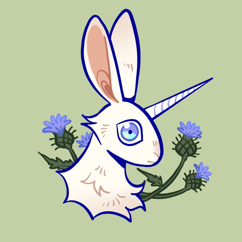 A bust of a white rabbit with a unicorn horn surrounded in thistles.