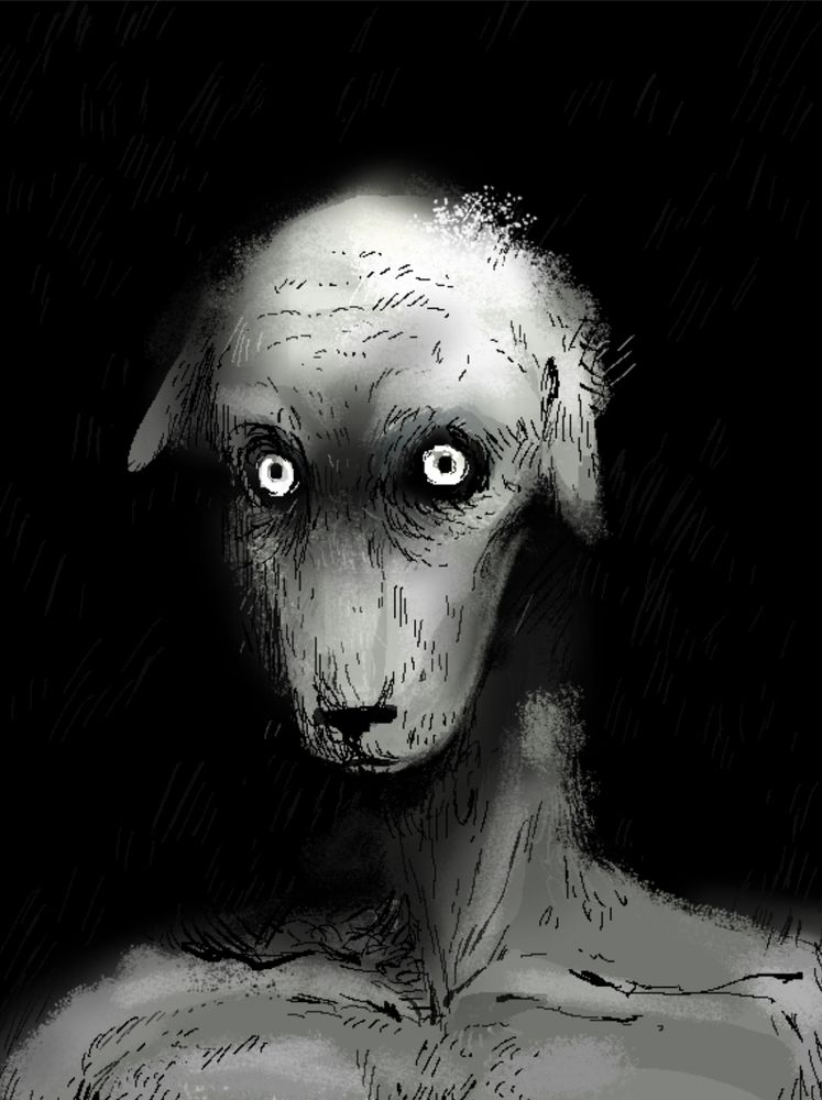 A white dog-man in the dark, his eyes are sunken and too human.