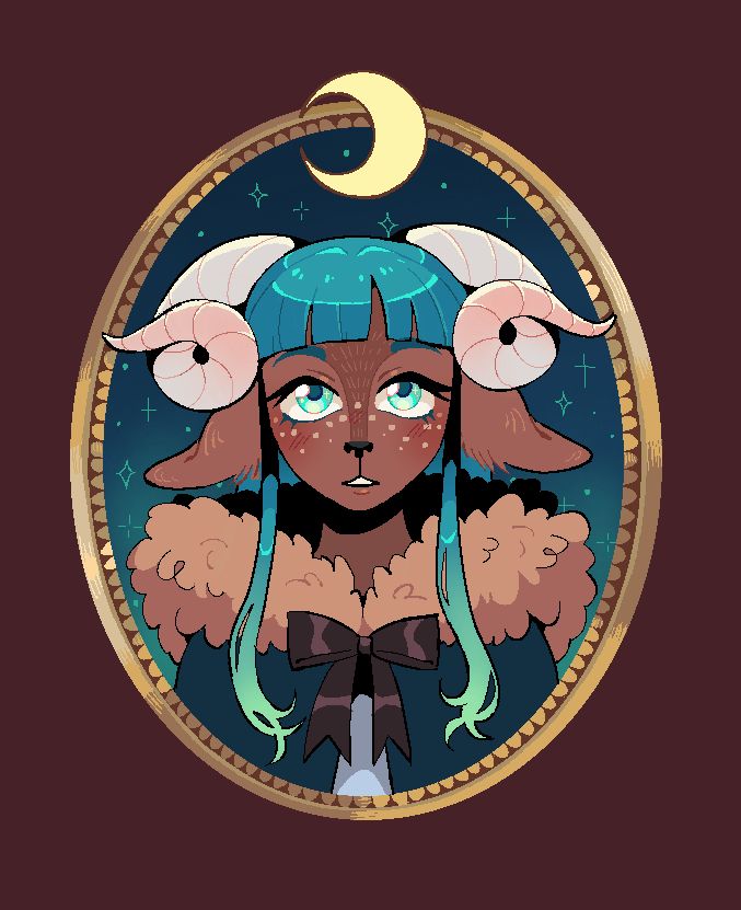 Satyr girl with big curled horns, warm brown fur, and teal hair. She’s in an oval gold frame with a bright crescent moon at the top.