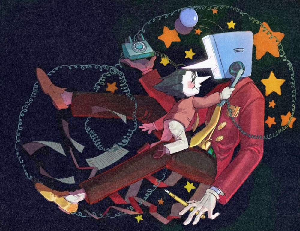 Spamton and tenna floating together in space surrounded by stars and floating contracts. Spamton is presenting tenna with the phone with a grin putting it up to the side of his head. Tenna smiles in turn , a golden pen in his hand. 