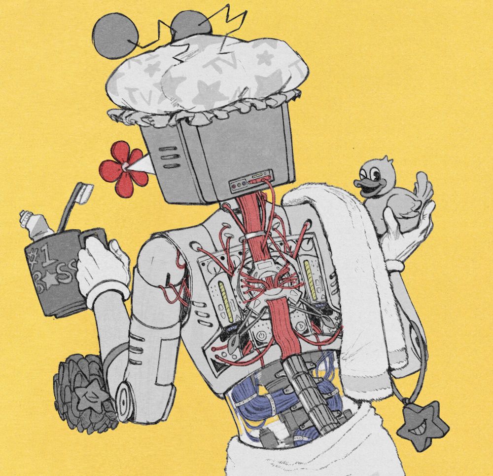 Tenna with a shower cap on holding a loofah soap rubber duck and a mug with his toothbrush and toothpaste in it. He has a towel on his shoulder and around his waist. He doesn’t seem to realise electronics can’t bathe. Or does he….?