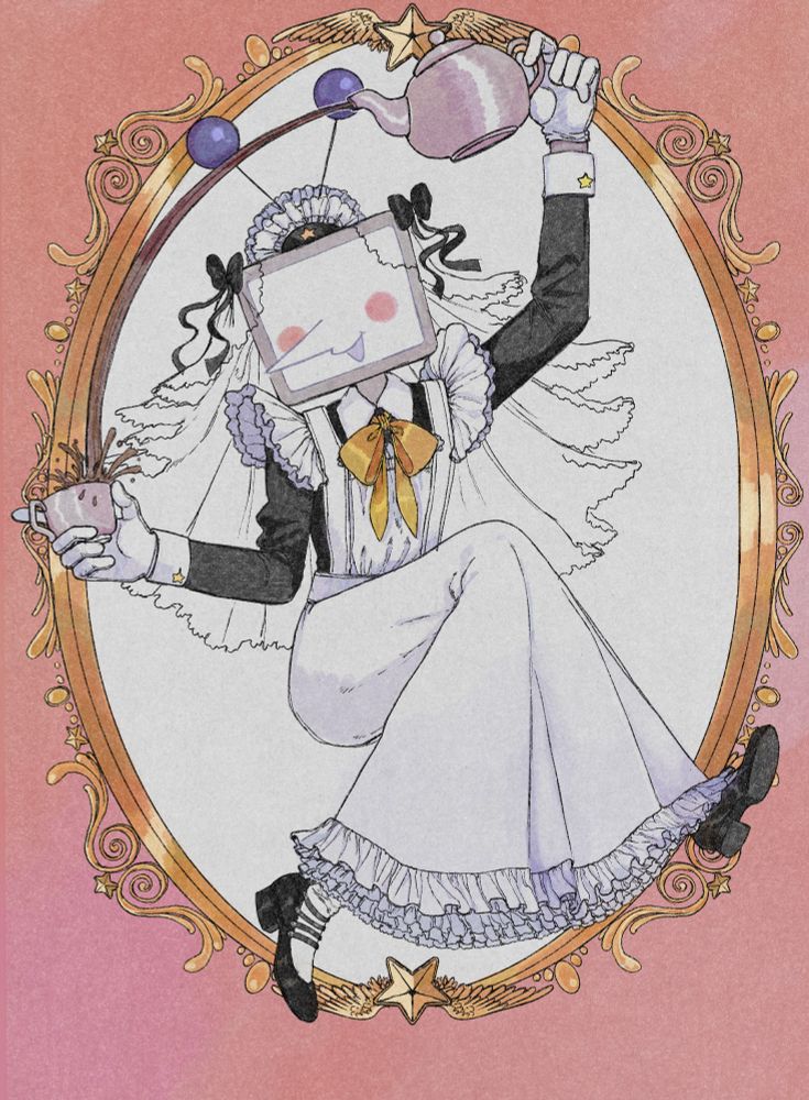Tenna in an old fashioned maid costume pouring tea in an arc into a silver cup , framed in an ornate gold frame with stars