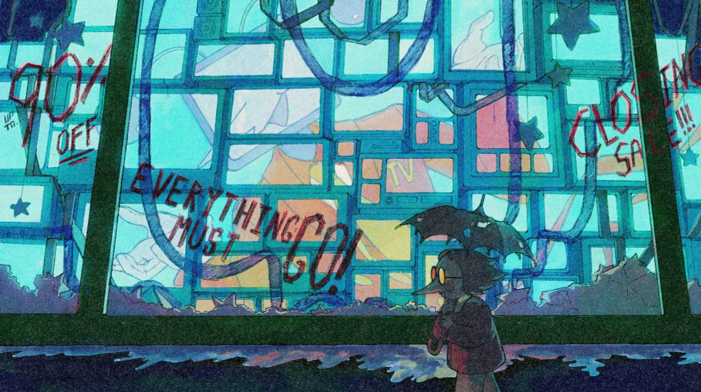 Spamton walks in the rain under an umbrella by an old electronics store closing down with tenna smiling on the screens 