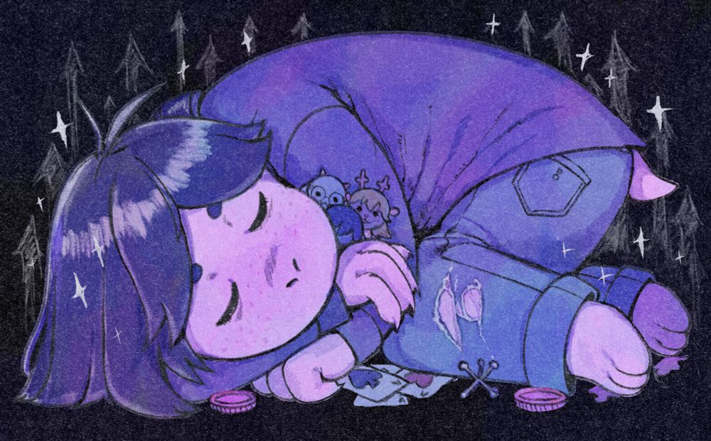 Susie a purple lizard girl from Deltarune curled up asleep with card games and toys and ghostly castles in the dark. She is holding small dolls of her friends in the dark world