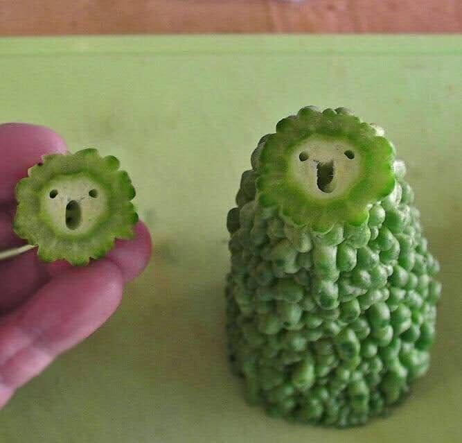 Some strange fruit. The top is cut off, and it looks like the top has a face and is super scared about this. The rest of the fruit also looks like it has a face and is super happy. 
