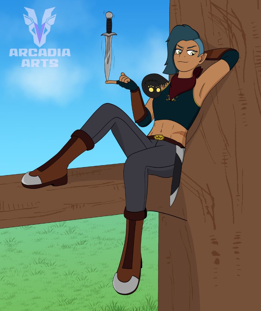 Sparrow, a half-elf thief, sits in a tree, looking down at the road below her while balancing the tip of her dagger on her fingertip. Her symbiote partner, Nevae, peaks out from her shoulder to also catch a glimpse of the view below.