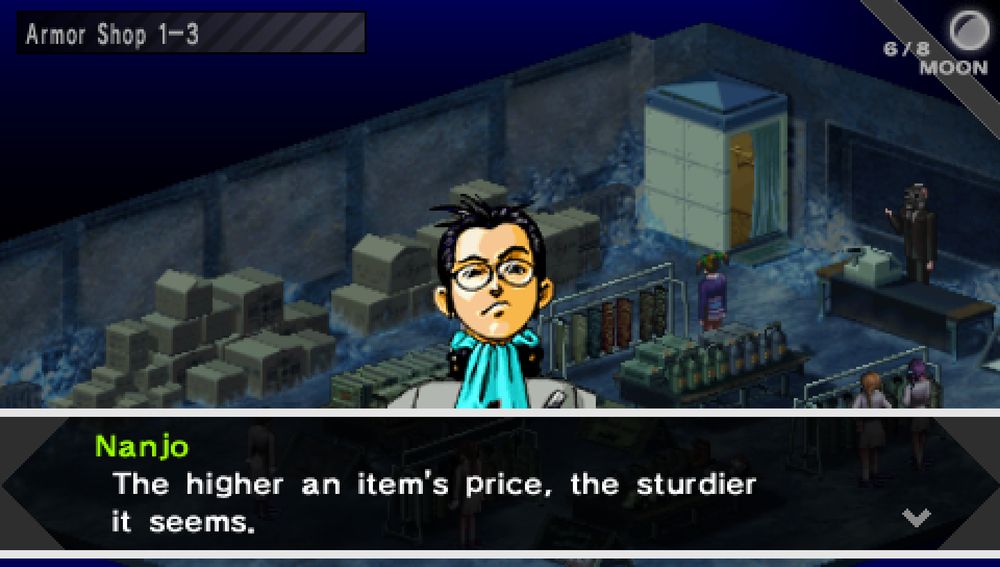 A screenshot of the PlayStation Portable remake of Megami Ibunroku Persona/Persona 1.

Kei Nanjo says "The higher an item's price, the sturdier it seems."