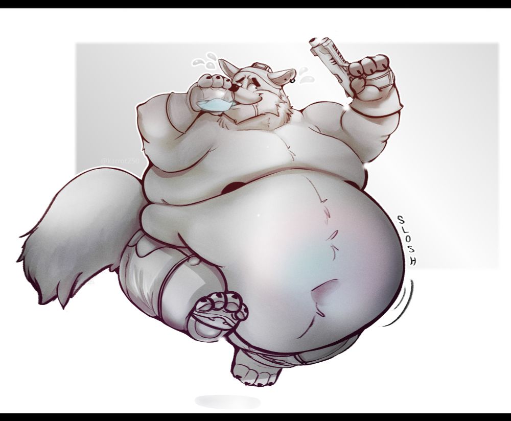 Wendell from Fortnite chugging down a shield potion with one pistol in hand. He is extremely rotund with nothing but his cap and shorts worn. Exposed overhang reveals the sloshing blue potion in his belly.