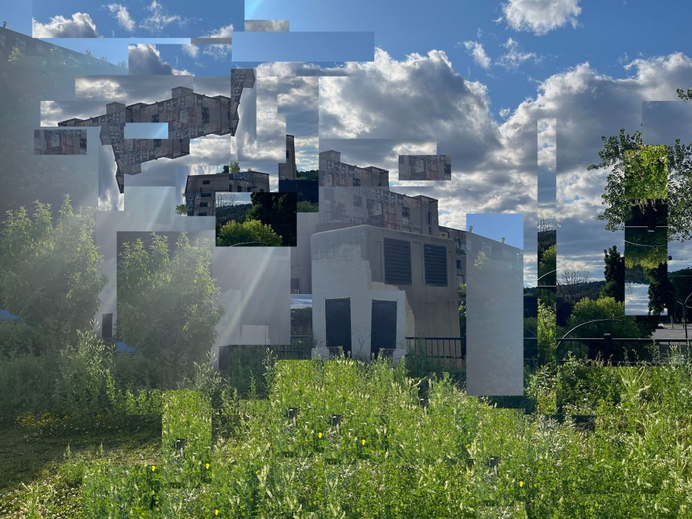 Digital collage of some kind of old factory building in a park.