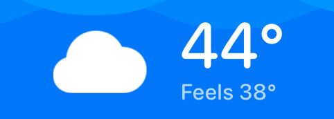 Cloudy
44 degrees 
Feels 38 degrees