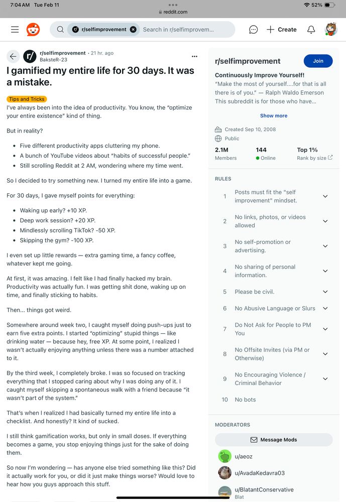 Reddit post of a person who gamified their life and found it warping them in a few weeks.