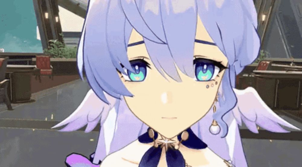 a close up of a purple haired anime girl with blue eyes