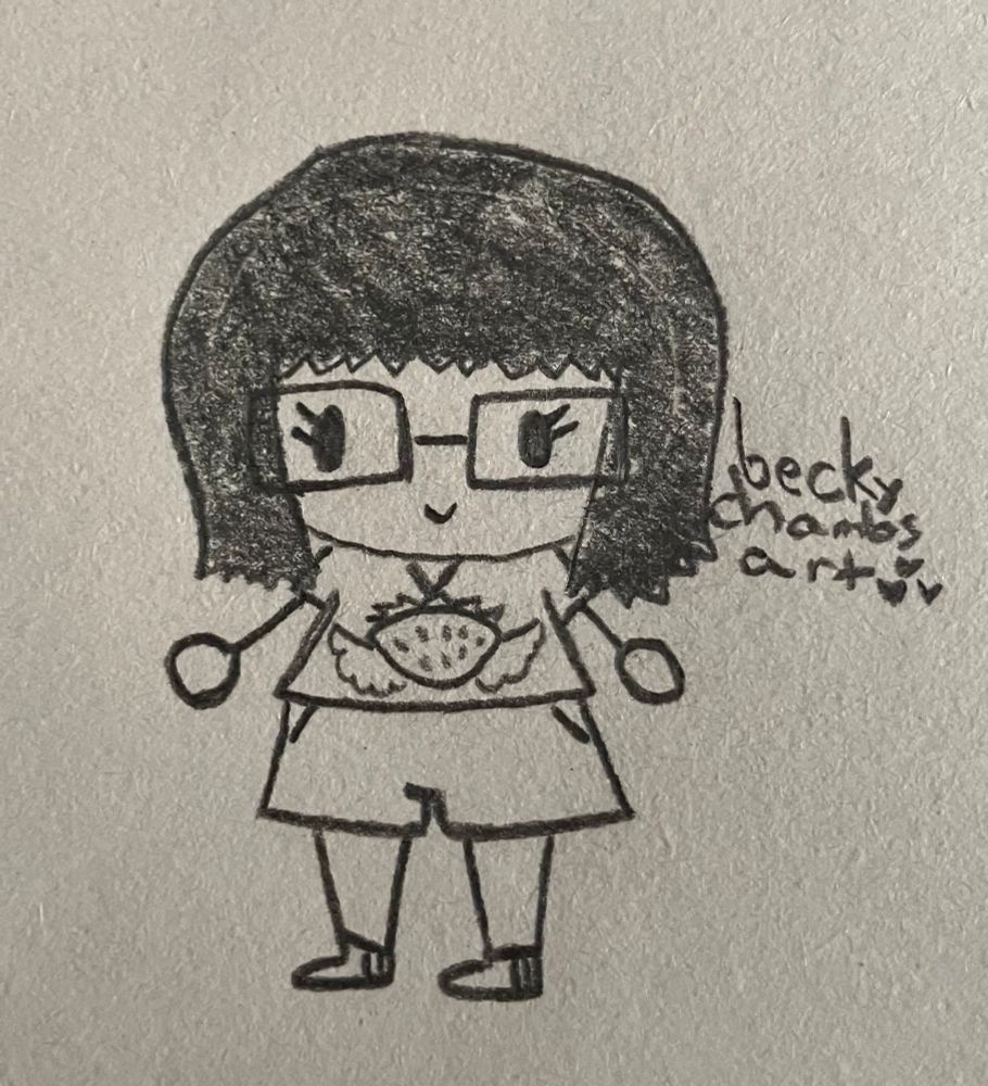A pencil sketch of myself in a cartoony style. I have a shirt that has a strawberry with wings on it, and a pair of baggy shorts and socks. The text reads “becky chambs art”