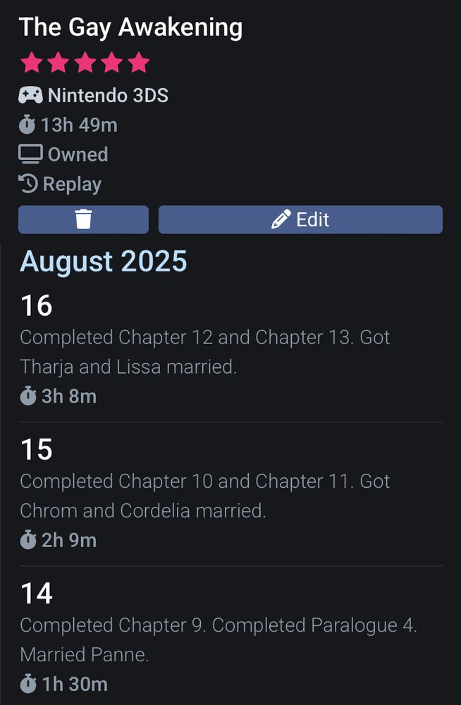 A screenshot of my Backloggd journal for Fire Emblem Awakening.