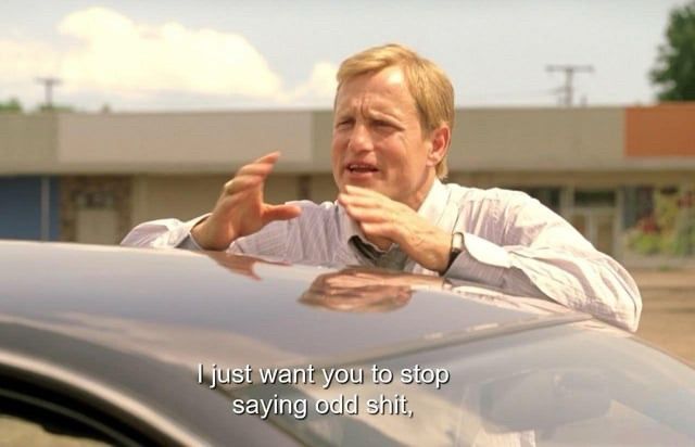 Woody Harrellsons character from True Detective saying “I just want you to stop saying odd shit” to Matthew Mcconnaugheys character, who talks like the dude in the OP
