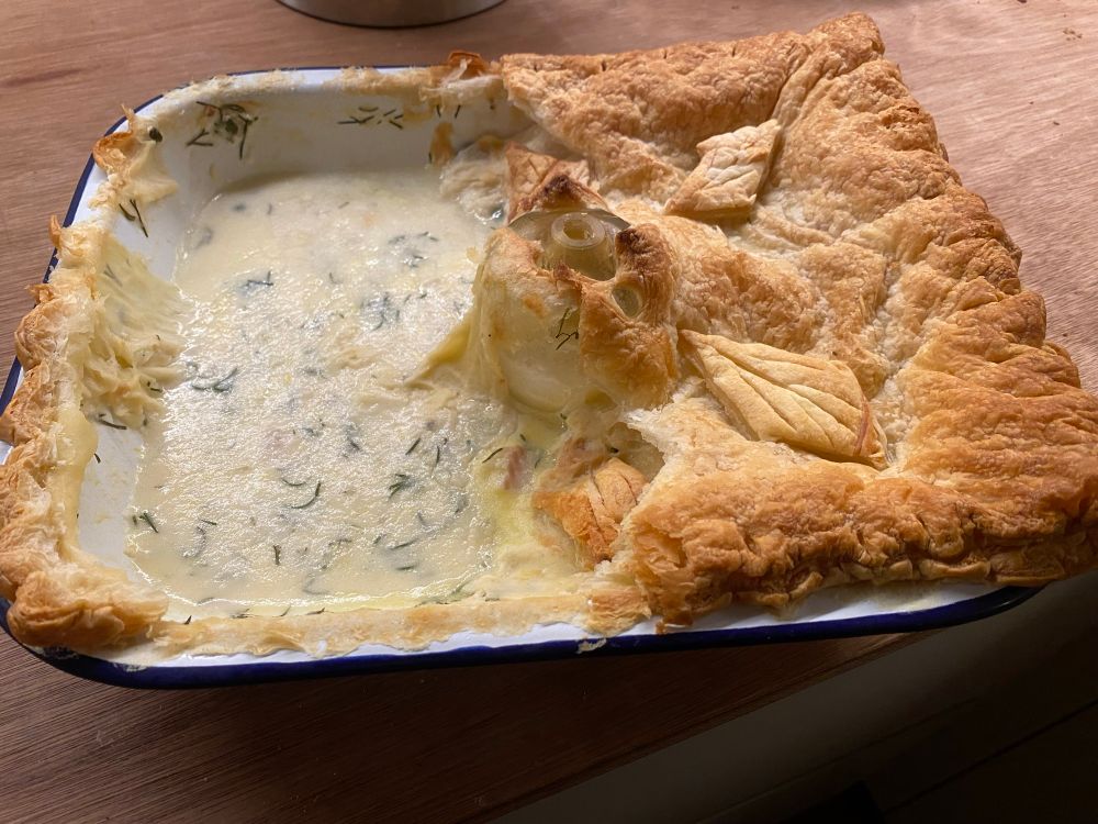Half a fish pie, looking a bit chilly and unappetising from the fridge, but it’ll be lovely hot. Lots of dill from the garden, capers and lemon in there. 