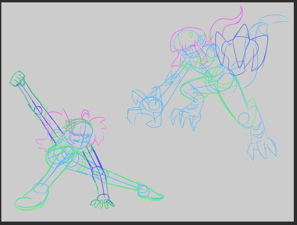 Two sketches of characters in dynamic poses! One low to the ground, legs out and a hand on the floor with the other raised high. Then the other character, more beastial with clawed feet and hands, in the air as though leaping, arms outstretched!