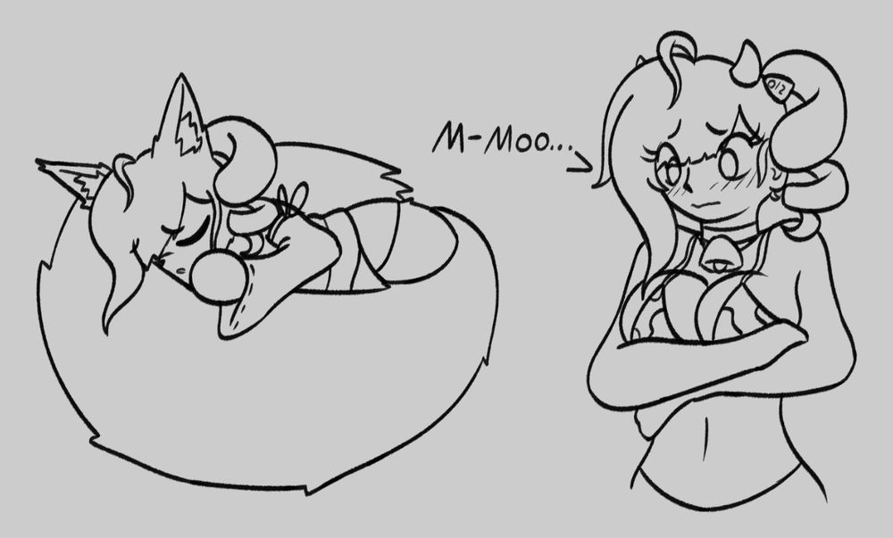 Two doodles of Oceo! The left is a kitsune Oceo sleeping in her own big tail, the second is cowgirl Oceo hugging her large chest and blushing, saying "M-Moo..."