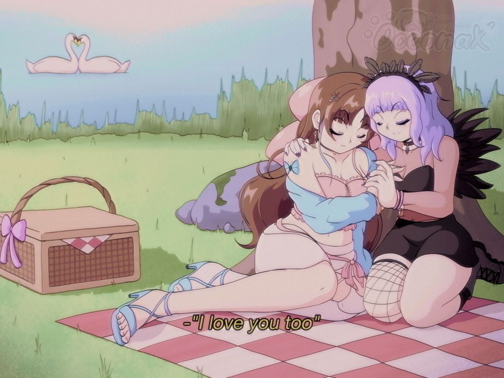 A retro anime screenshot style illustration of two girls sitting on a red-white checkered mat underneath a tree, surrounded by grass with a lake in the background bordered by longer grass. Two swans in the background are forming a heart with their necks, there's a picnic basket to the side with a pink ribbon on it, and a rock slightly behind the tree. The girl on the left has long brown hair tied with a pink bow, a pink frilly crop top with a blue cardigan, a white skirt with a pink ribbon tied around it, plus blue strappy heels. She's sitting with her legs to the side, leaning against and holding hands with a purple-haired girl wearing a black crop top and skirt, one fishnet legging, boots, partial black wings and feathers on a headband. They both have their eyes closed and are smiling in bright sunlight.