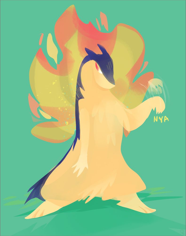 A flat lineless graphical stylization of Typhlosion doing a cat paw motion "Nya"