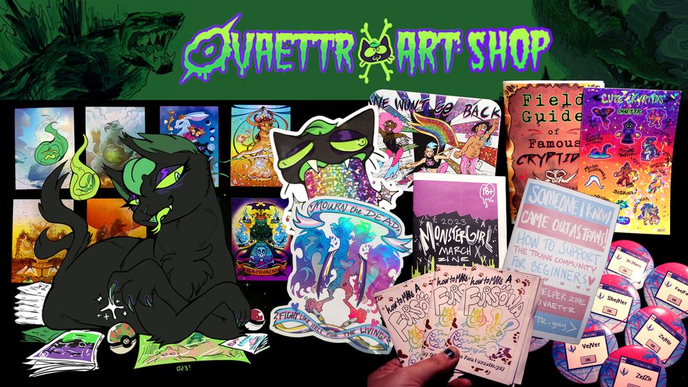 Ovaettr Art Shop with my shopkeeper Lime the nekomata and a bunch of product including zines, stickers, buttons, pronoun pins, and prints