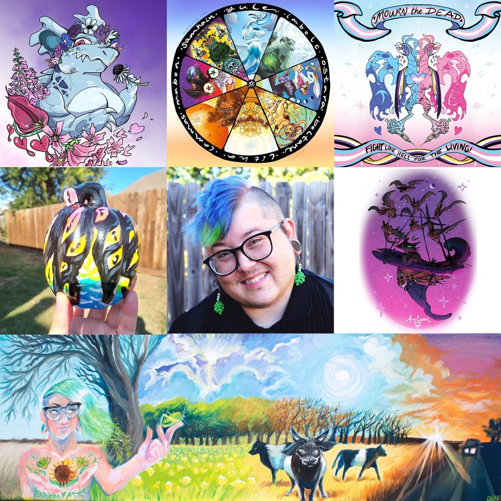 My art versus artist 2024 graphic which features my photo dead center on a 9 panel separated square composition featuring 6 total pieces, the very bottom one being a long piece taking up 3 squares featuring me among North Texas nature and skies. Beside me in the middle are on the left a black inky ceramic pumpkin with rainbow eyes, on the right is a Autumn piece with a black cat riding in a witch hat carried by bats. On the top row from left to right is a Nidorina with poisonous flowers, the Wheel of the Year pagan trans furries piece, and the Mourn the dead fight like hell for the living TDOR trans phoenix piece. I am in the middle with purple and green hair and green leaf earrings.
