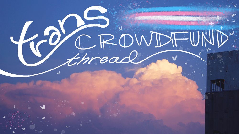 A pink and white and blue sky with clouds and cut sparkles drawn all over it. A trans flag is painted with "Trans Crowdfund Thread" around it